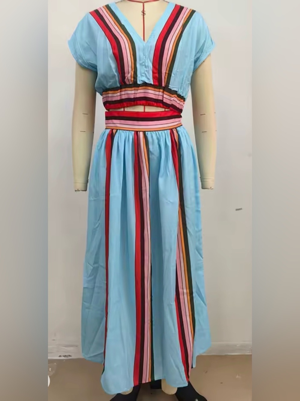 Rosa Clothing Boho Color Block Stripe V Neck Top Skirt Set